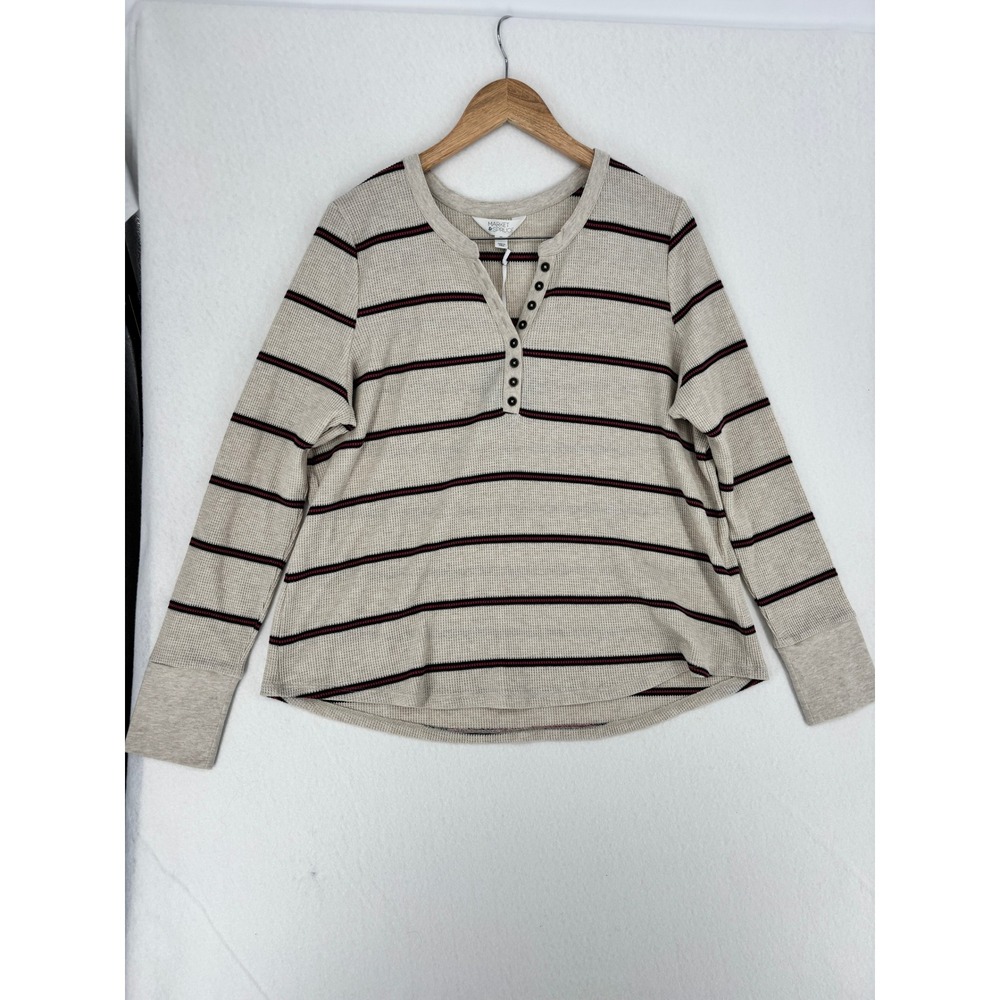 Market & Spruce Waffle Knit Henley‎ Shirt XXL Beige Burgundy Stripe 🔥SALE🔥